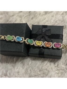Gold Plated Rainbow Gemstone Bracelet Colorful CZ Bow Tennis Bracelet Druzy